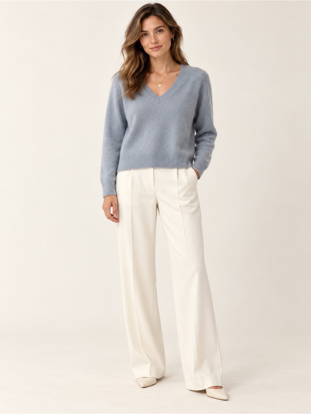 Naked Cashmere Aria V Neck Pullover Sweater in Ocean Blue Minimalist Luxury M